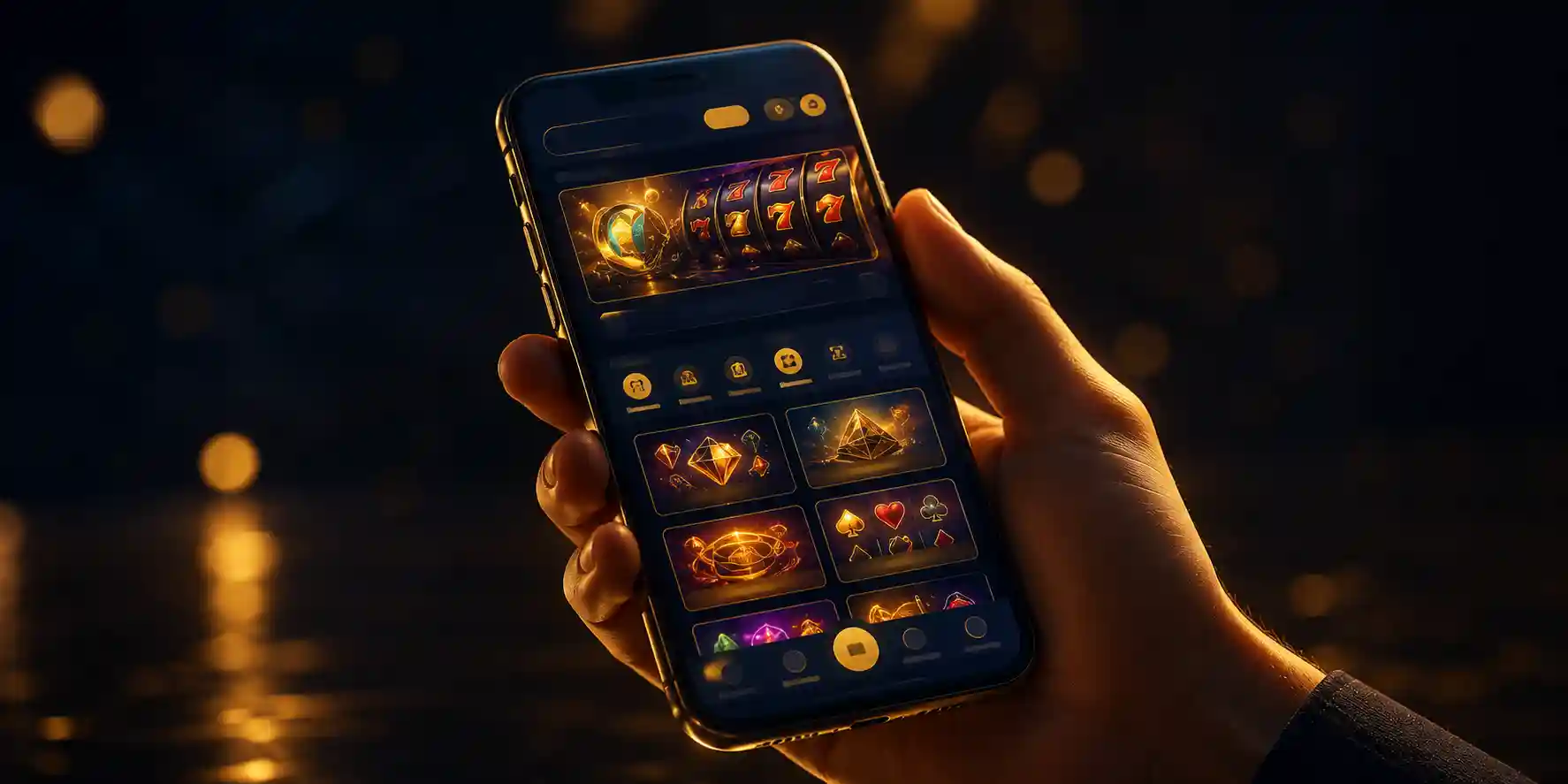 App Macaowin su smartphone: lobby casino con interfaccia dorata su sfondo blu notte